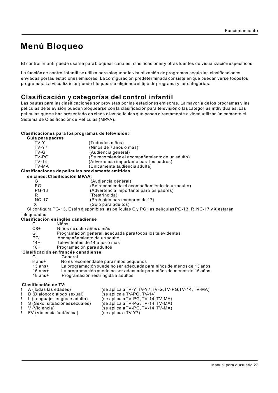 Menú bloqueo, Clasificación y categorías del control infantil | Hitachi HLC26R1 User Manual | Page 111 / 126