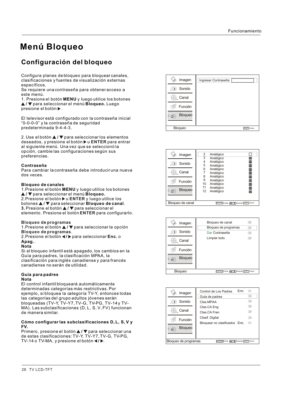 Menú bloqueo, Configuración del bloqueo | Hitachi HLC26R1 User Manual | Page 112 / 126