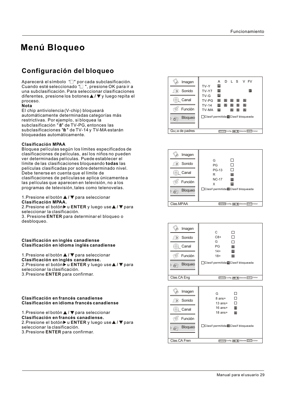 Menú bloqueo, Configuración del bloqueo | Hitachi HLC26R1 User Manual | Page 113 / 126