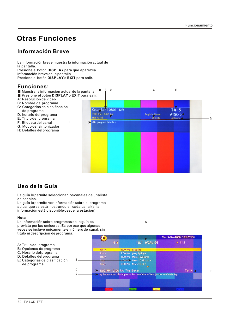Otras funciones, Información breve, Funciones | Uso de la guía | Hitachi HLC26R1 User Manual | Page 114 / 126