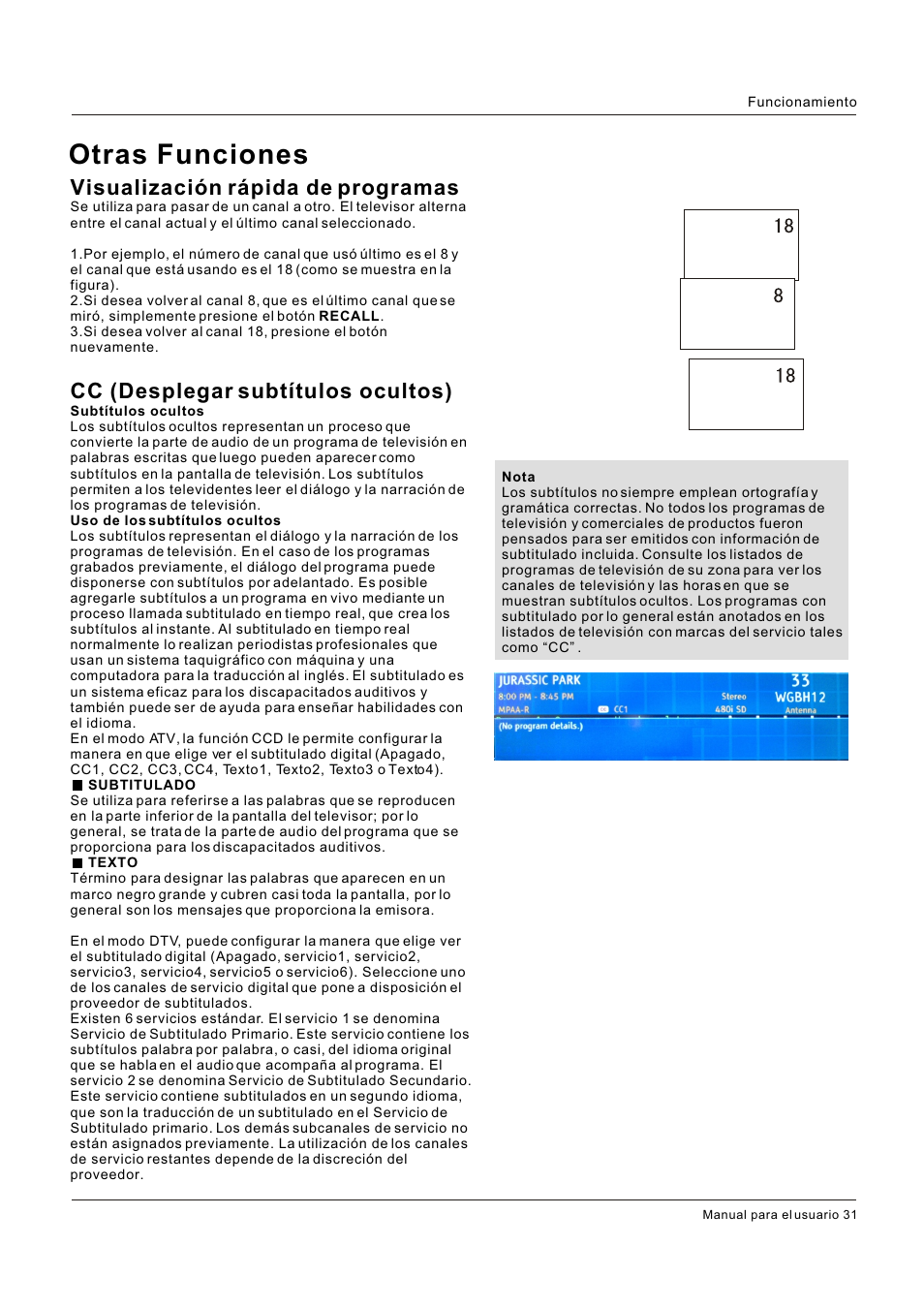 Otras funciones, Visualización rápida de programas, Cc (desplegar subtítulos ocultos) | Hitachi HLC26R1 User Manual | Page 115 / 126