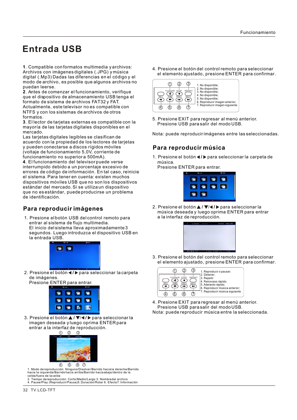 Entrada usb, Para reproducir imágenes, Para reproducir música | Hitachi HLC26R1 User Manual | Page 116 / 126