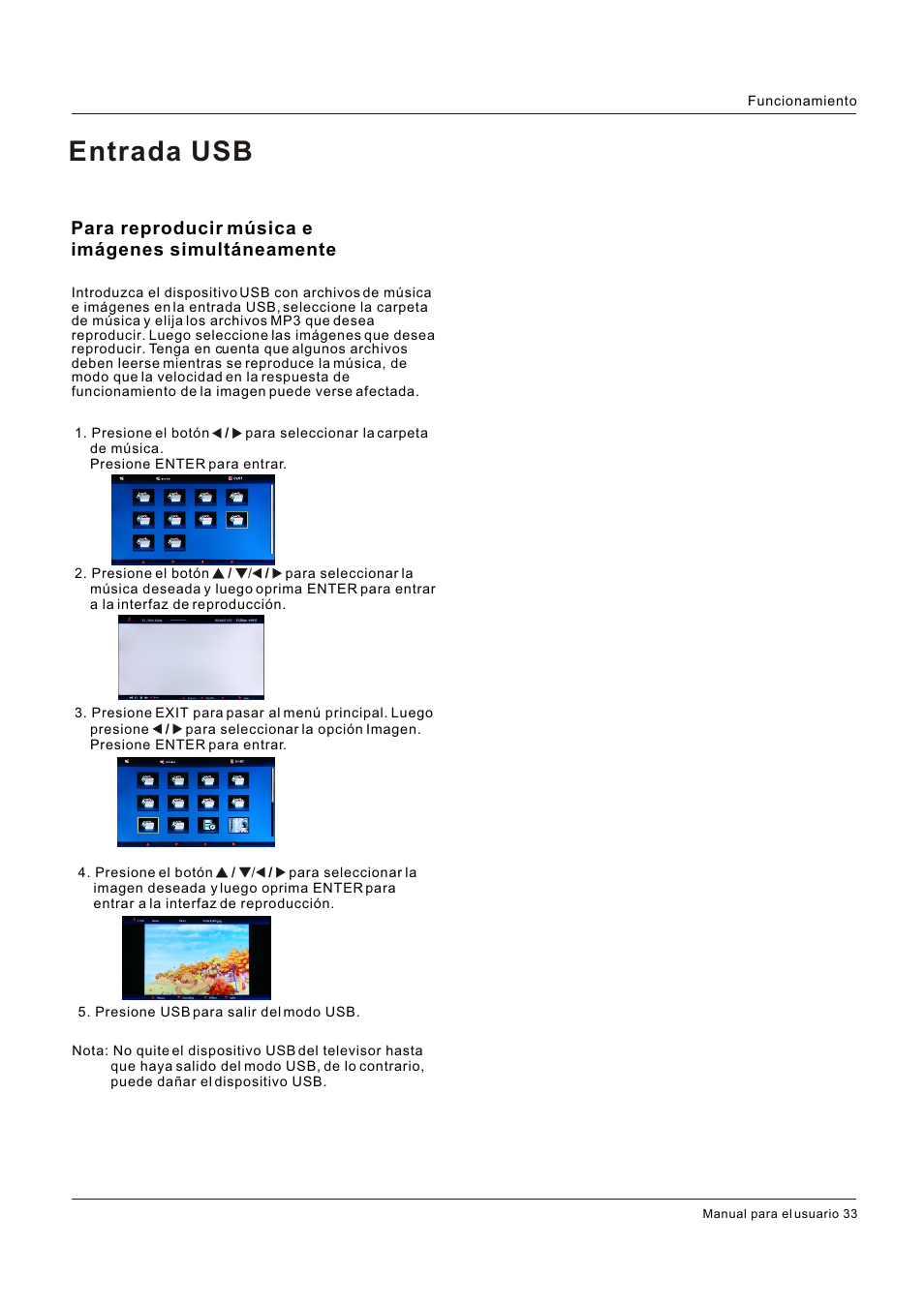 Entrada usb, Para reproducir música e imágenes simultáneamente | Hitachi HLC26R1 User Manual | Page 117 / 126
