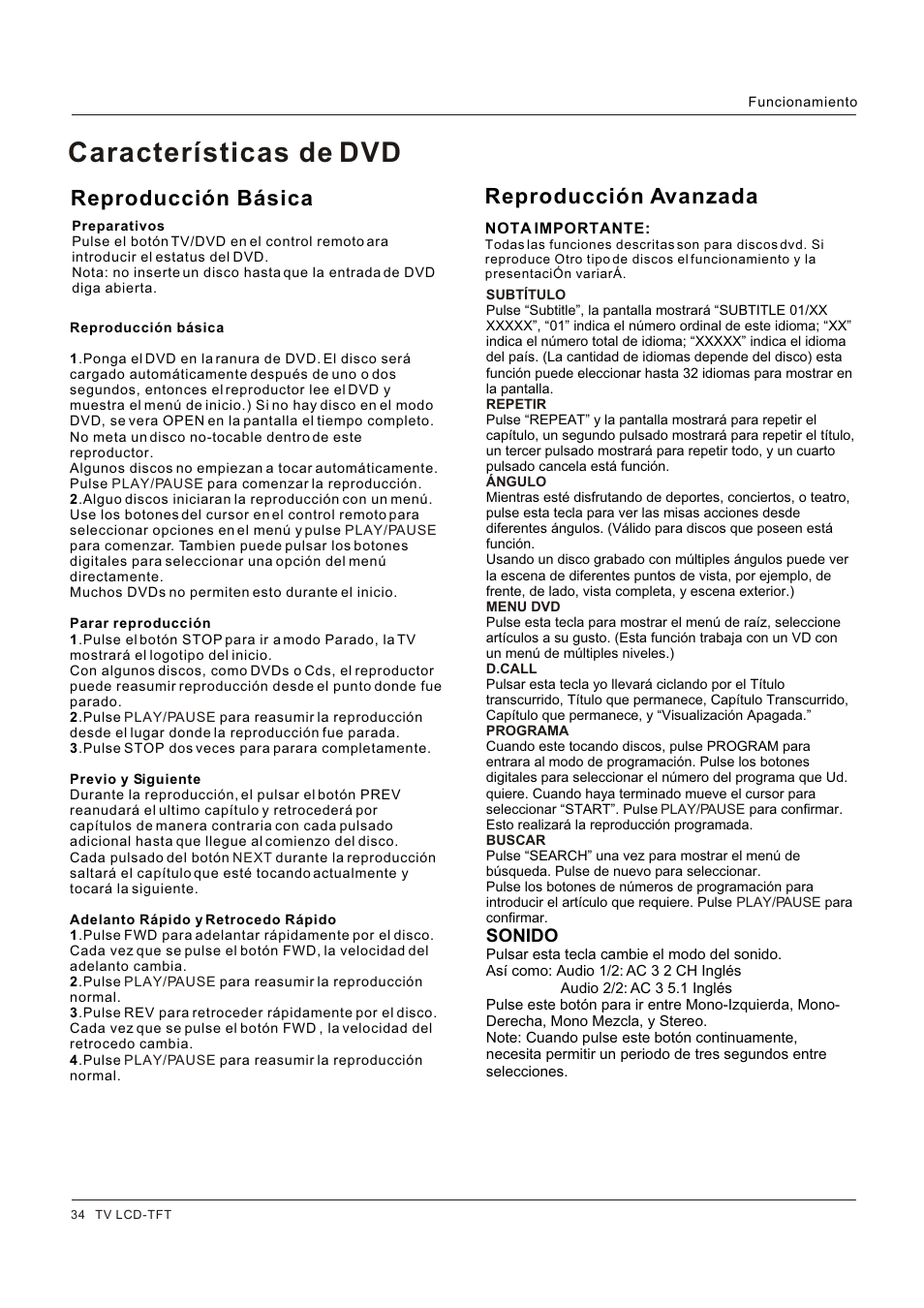 Características de dvd, Reproducción básica, Reproducción avanzada | Hitachi HLC26R1 User Manual | Page 118 / 126