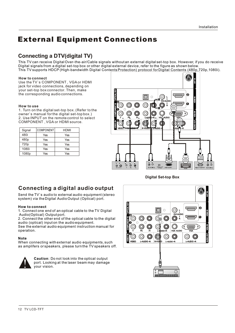 External equipment connections, Connecting a digital audio output, Connecting a dtv(digital tv) | Digital set-top box, Installation | Hitachi HLC26R1 User Manual | Page 12 / 126