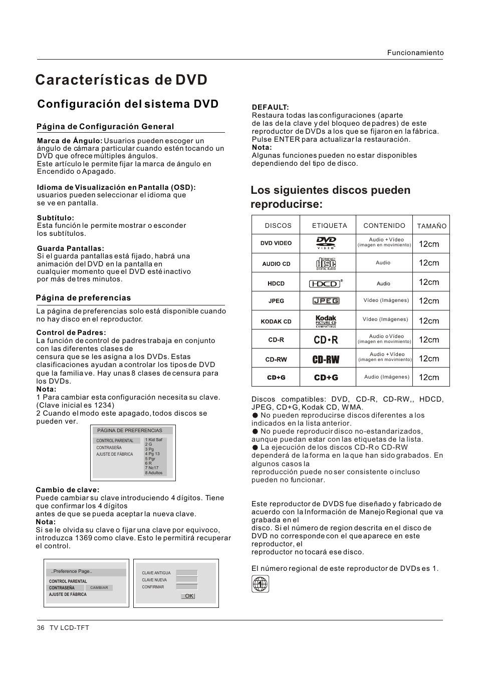 Características de dvd, Configuración del sistema dvd, Los siguientes discos pueden reproducirse | Hitachi HLC26R1 User Manual | Page 120 / 126