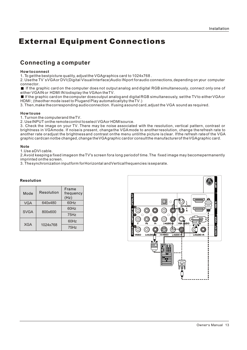 External equipment connections, Connecting a computer, Installation 75hz | 75hz | Hitachi HLC26R1 User Manual | Page 13 / 126