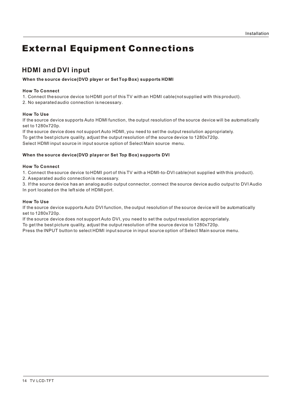 External equipment connections, Hdmi and dvi input | Hitachi HLC26R1 User Manual | Page 14 / 126