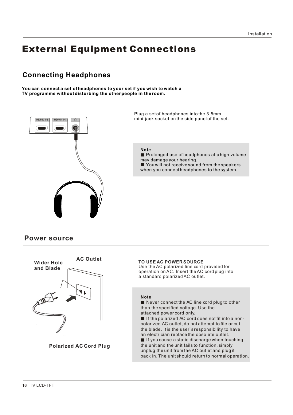 External equipment connections, Connecting headphones, Power source | Hitachi HLC26R1 User Manual | Page 16 / 126