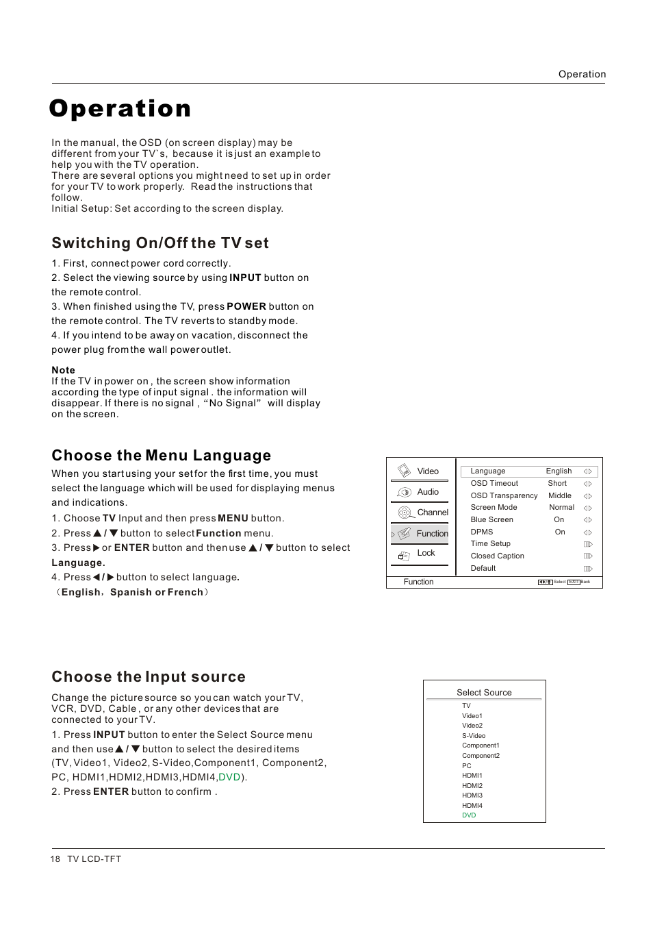 Operation, Choose the menu language | Hitachi HLC26R1 User Manual | Page 18 / 126
