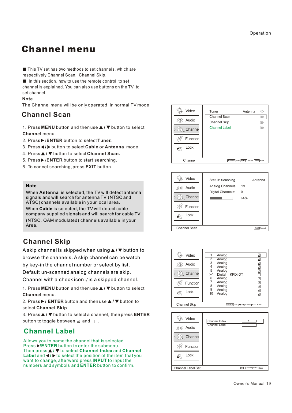 Channel menu, Channel scan, Channel skip | Channel label | Hitachi HLC26R1 User Manual | Page 19 / 126
