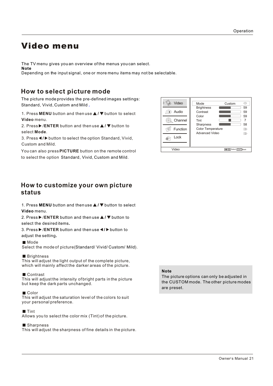 Video menu, How to customize your own picture status, How to select picture mode | Hitachi HLC26R1 User Manual | Page 21 / 126