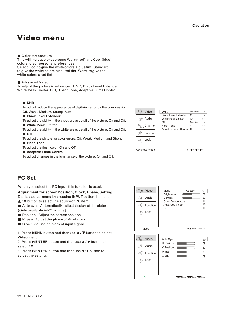 Video menu, Pc set | Hitachi HLC26R1 User Manual | Page 22 / 126