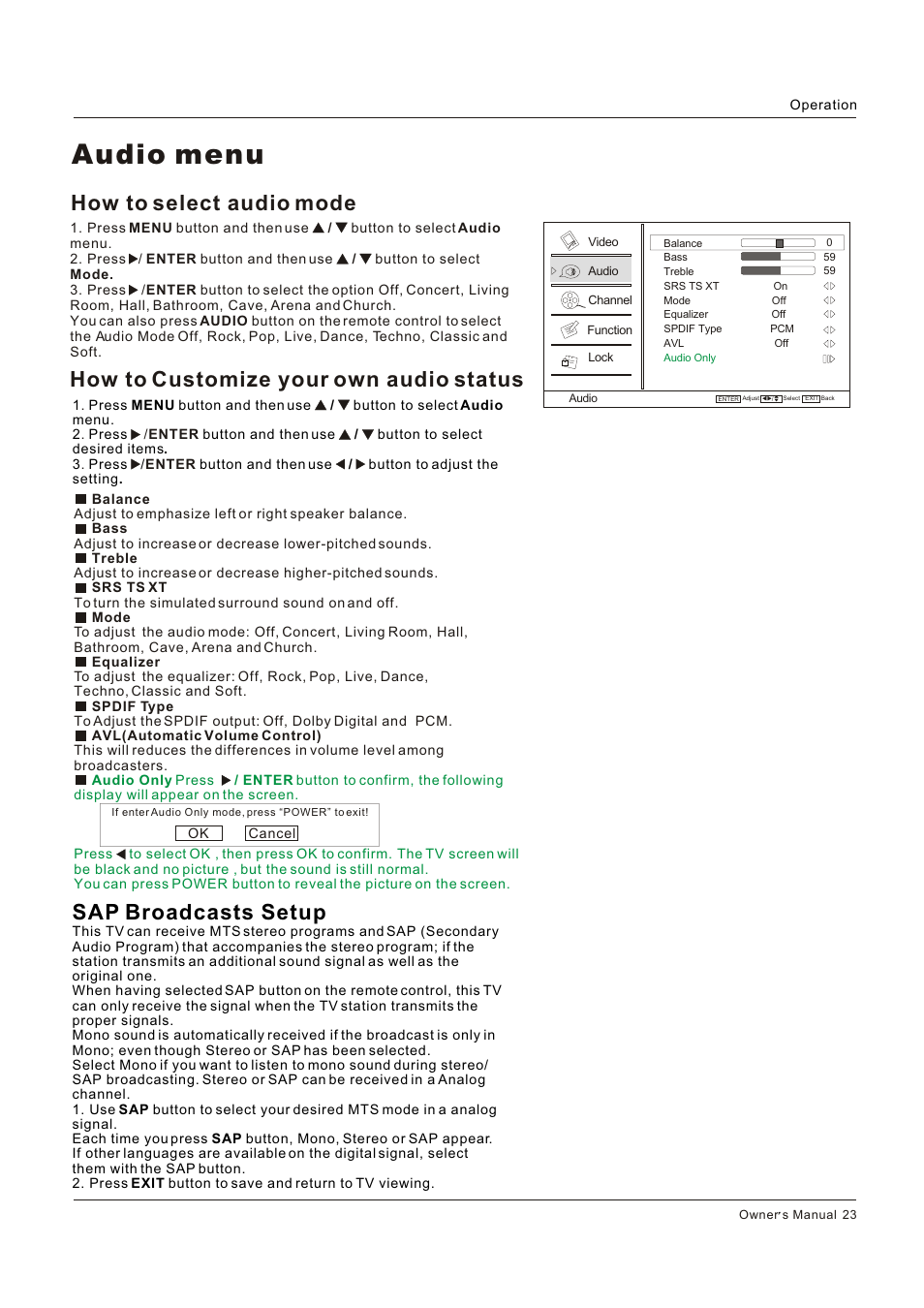 Audio menu, Sap broadcasts setup, How to select audio mode | How to customize your own audio status | Hitachi HLC26R1 User Manual | Page 23 / 126