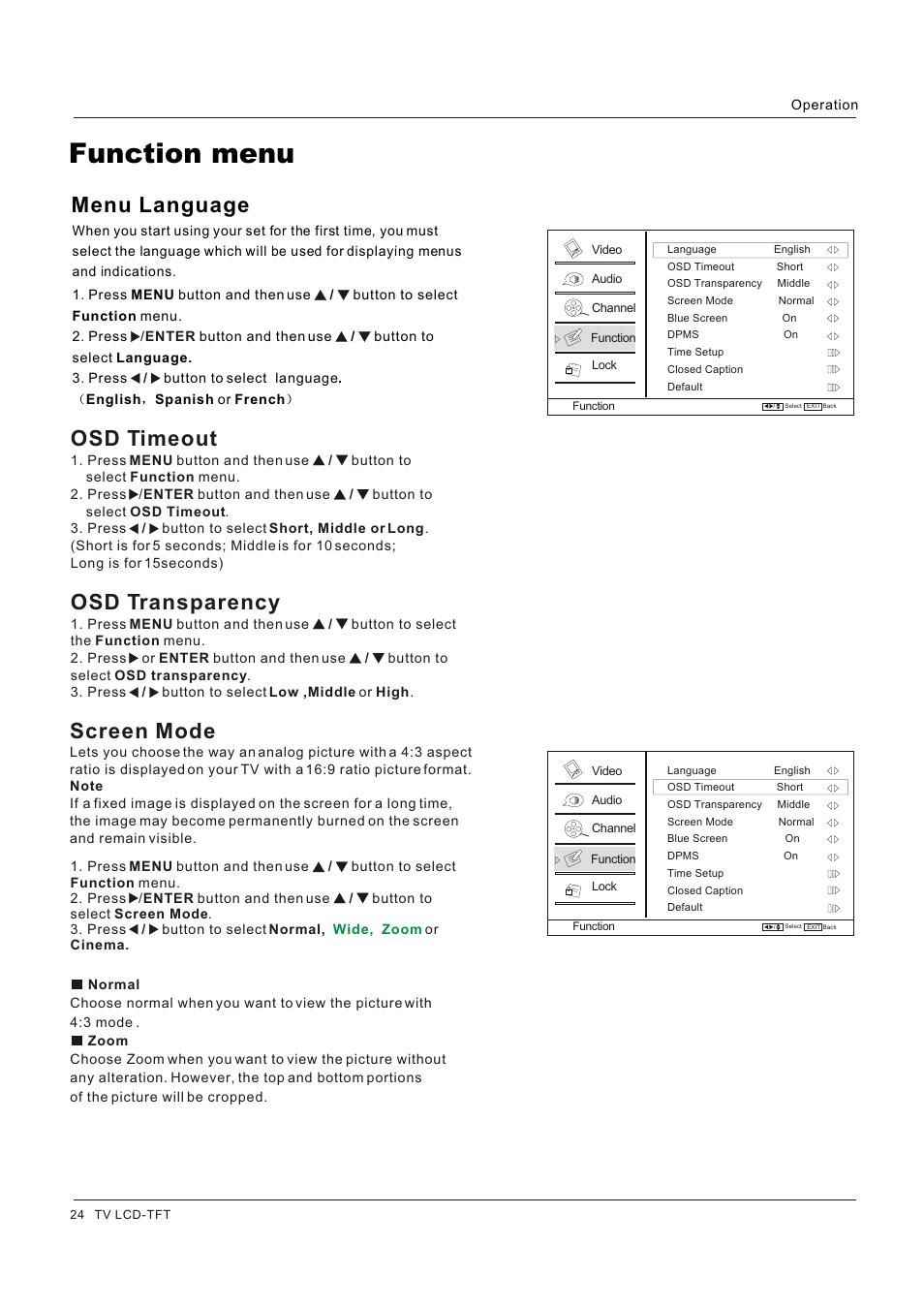 Function menu, Screen mode, Osd timeout | Osd transparency, Menu language | Hitachi HLC26R1 User Manual | Page 24 / 126