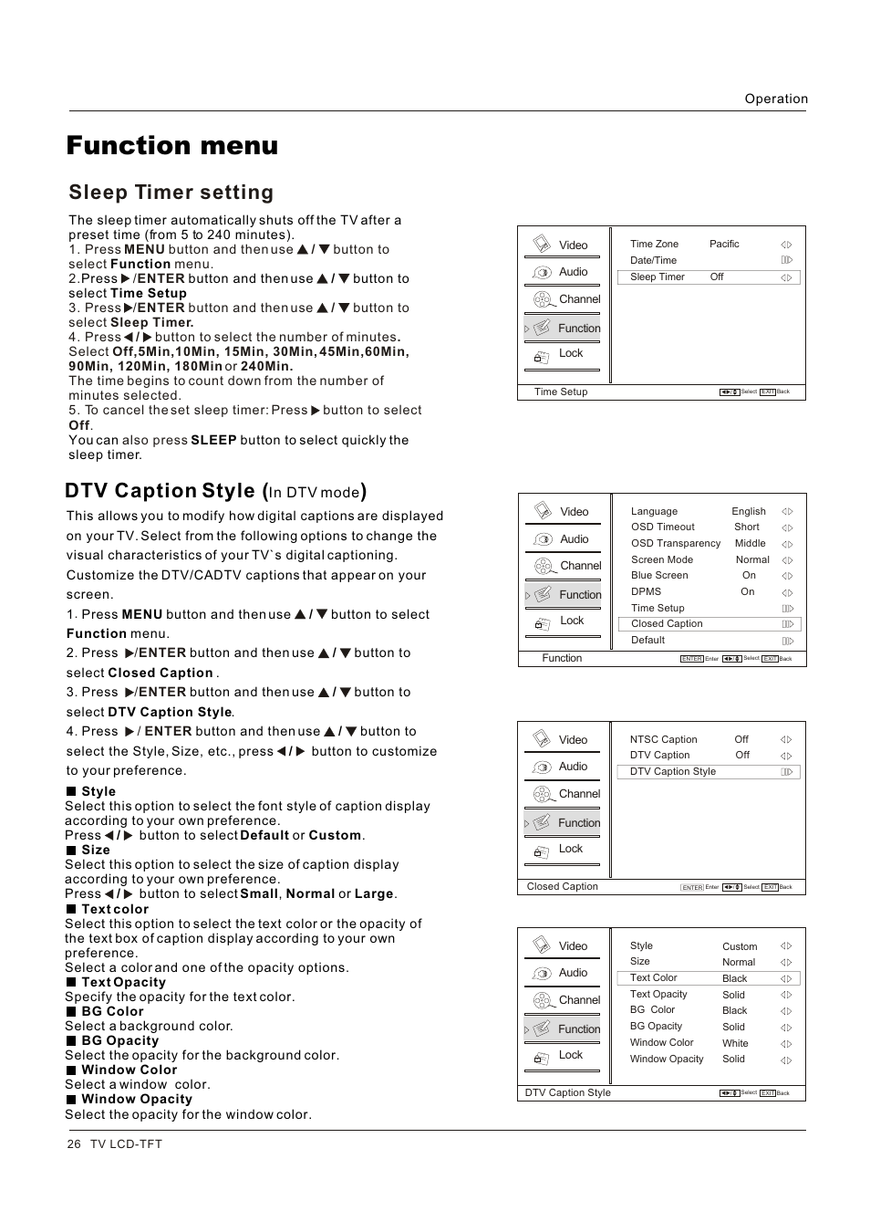 Function menu, Dtv caption style, Sleep timer setting | Hitachi HLC26R1 User Manual | Page 26 / 126