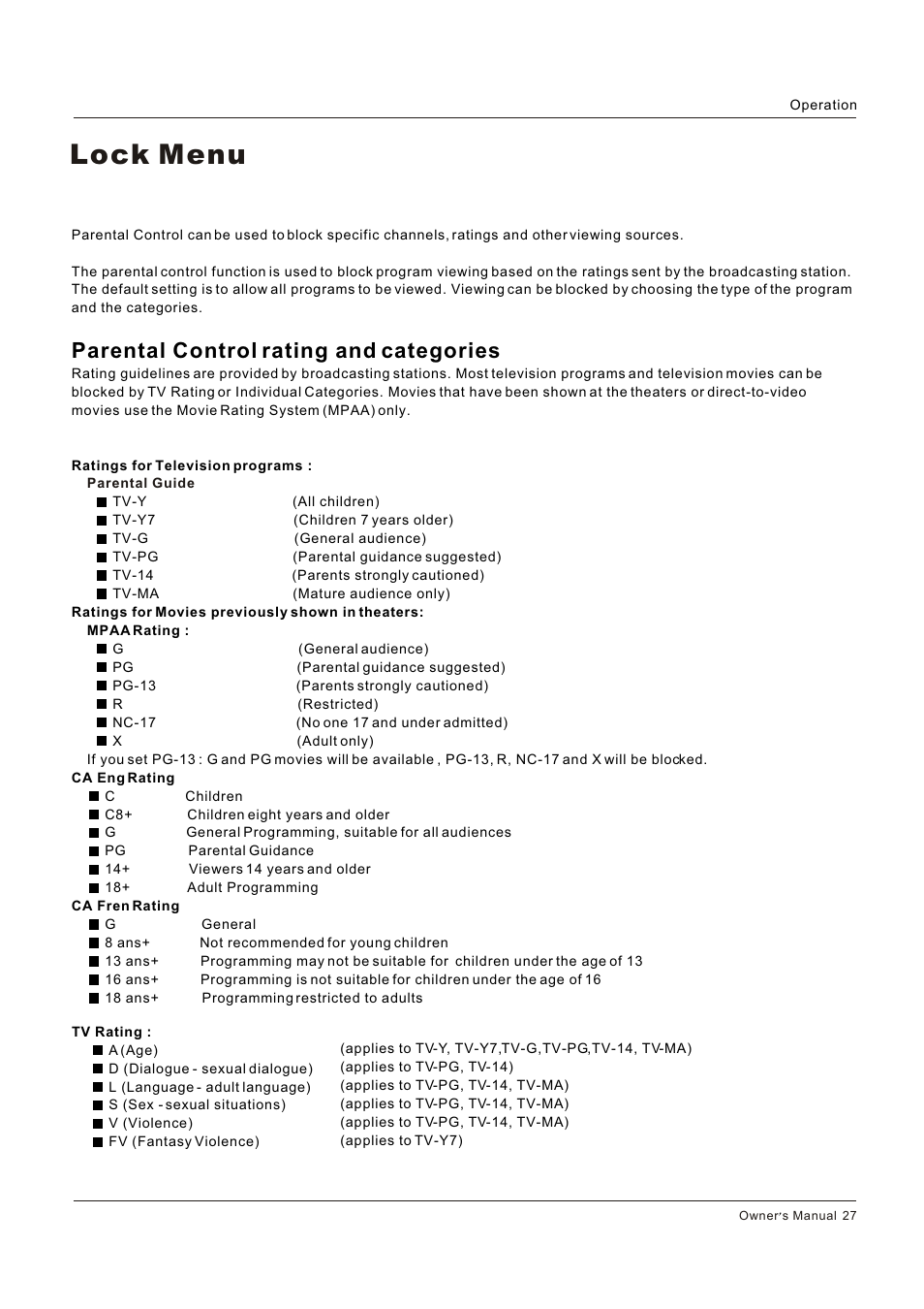 Lock menu, Parental control rating and categories | Hitachi HLC26R1 User Manual | Page 27 / 126