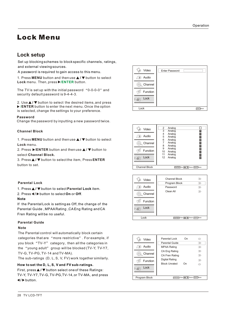 Lock menu, Lock setup | Hitachi HLC26R1 User Manual | Page 28 / 126