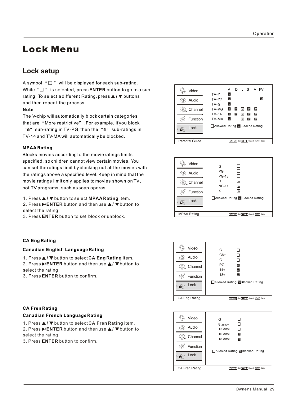 Lock menu, Lock setup | Hitachi HLC26R1 User Manual | Page 29 / 126