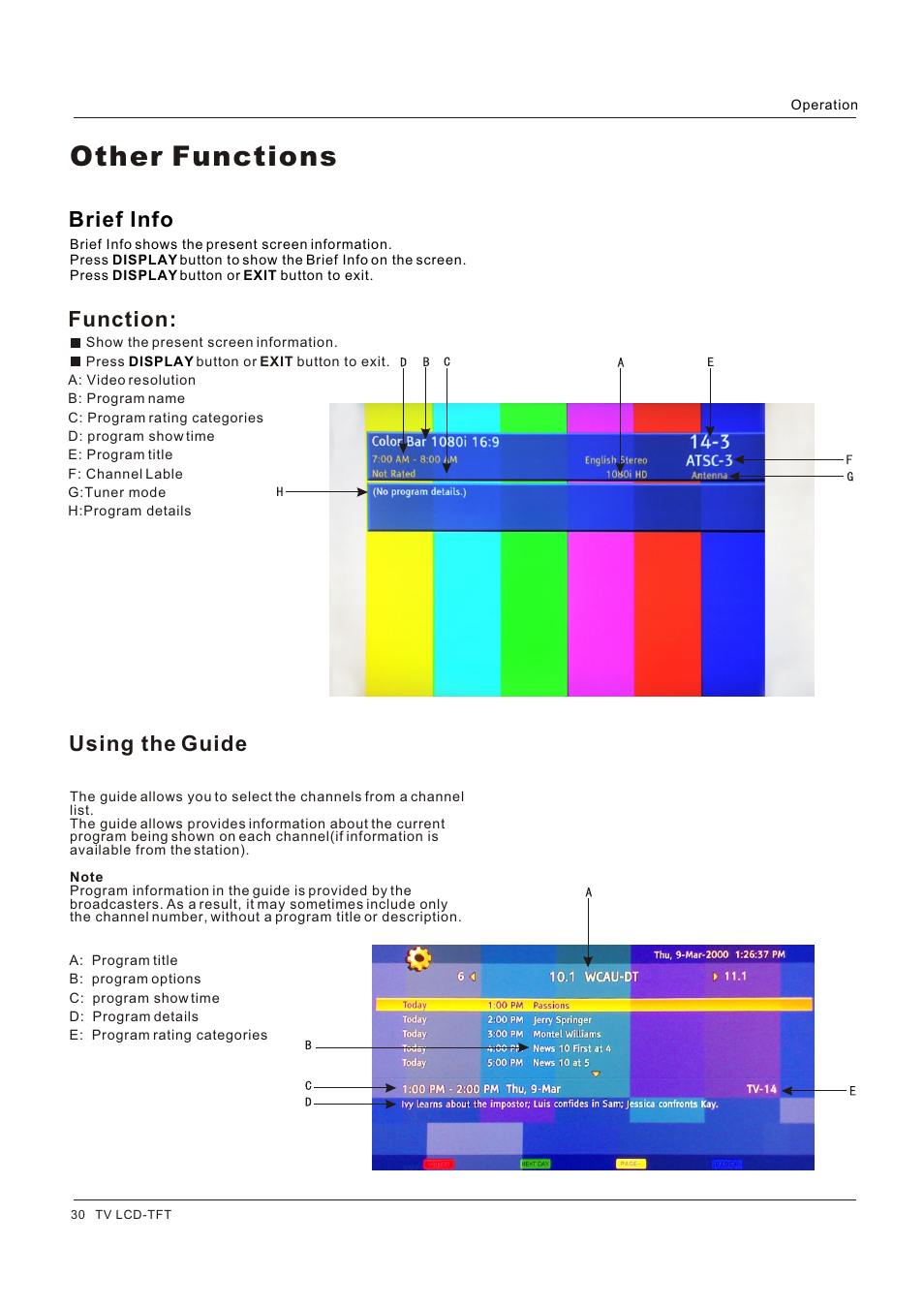 Other functions, Brief info, Function | Using the guide | Hitachi HLC26R1 User Manual | Page 30 / 126