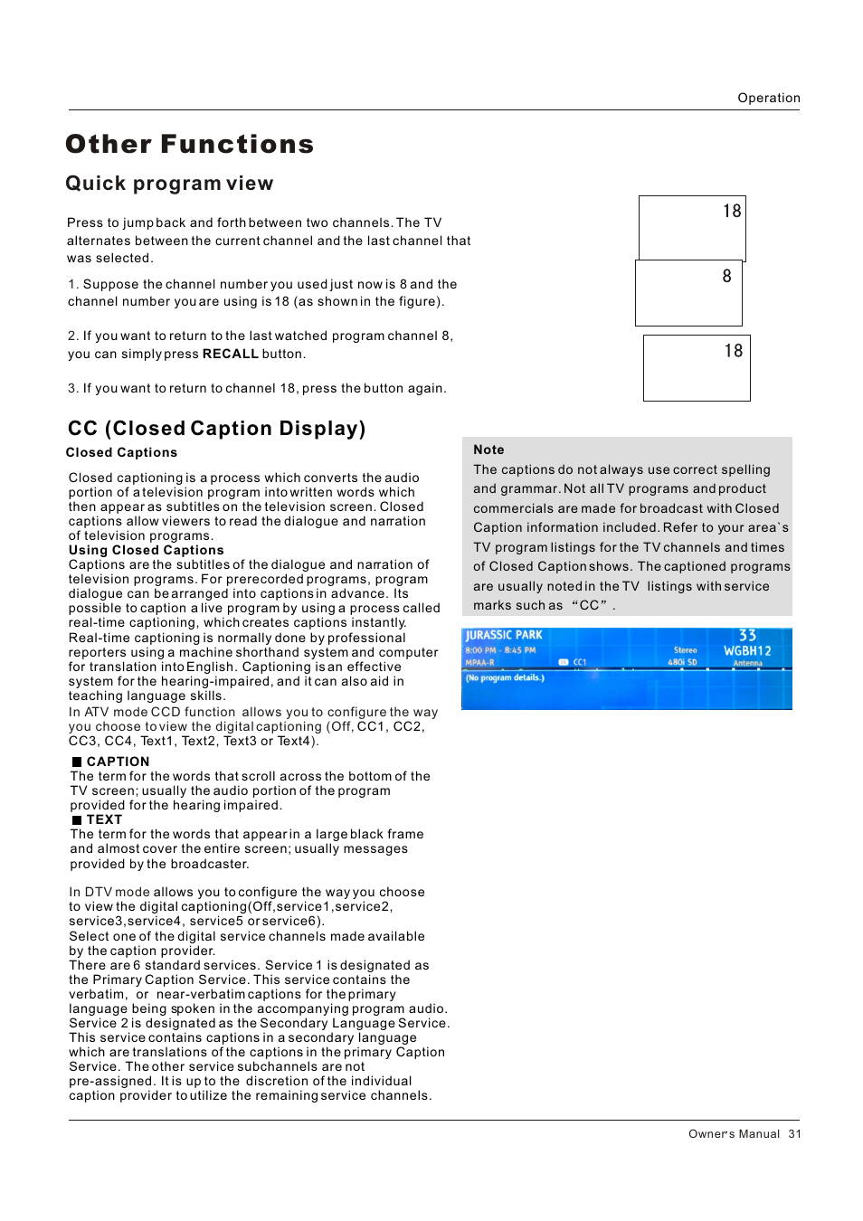 Other functions, Cc (closed caption display), Quick program view | Hitachi HLC26R1 User Manual | Page 31 / 126