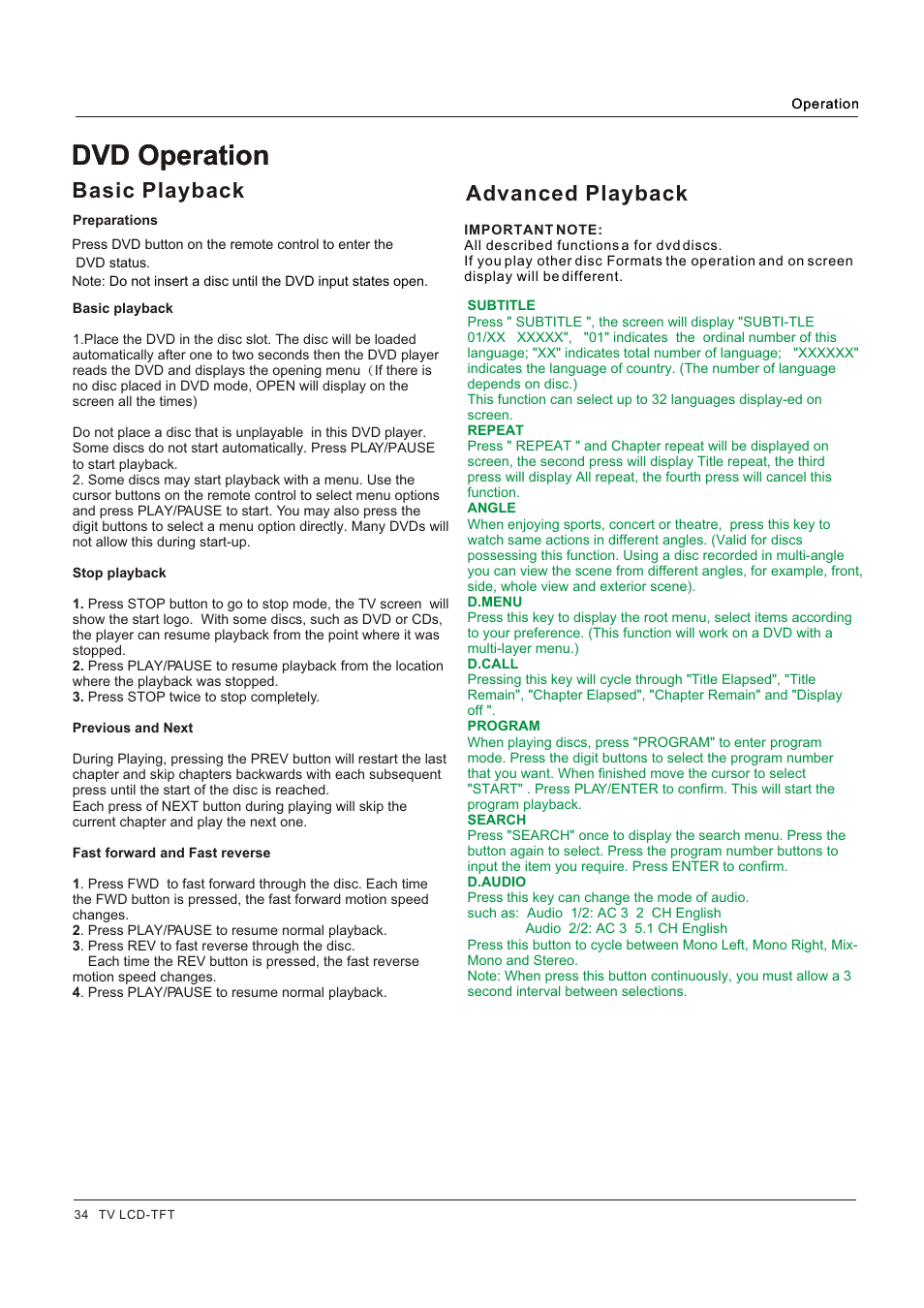 Dvd operation, Basic playback, Advanced playback | Hitachi HLC26R1 User Manual | Page 34 / 126