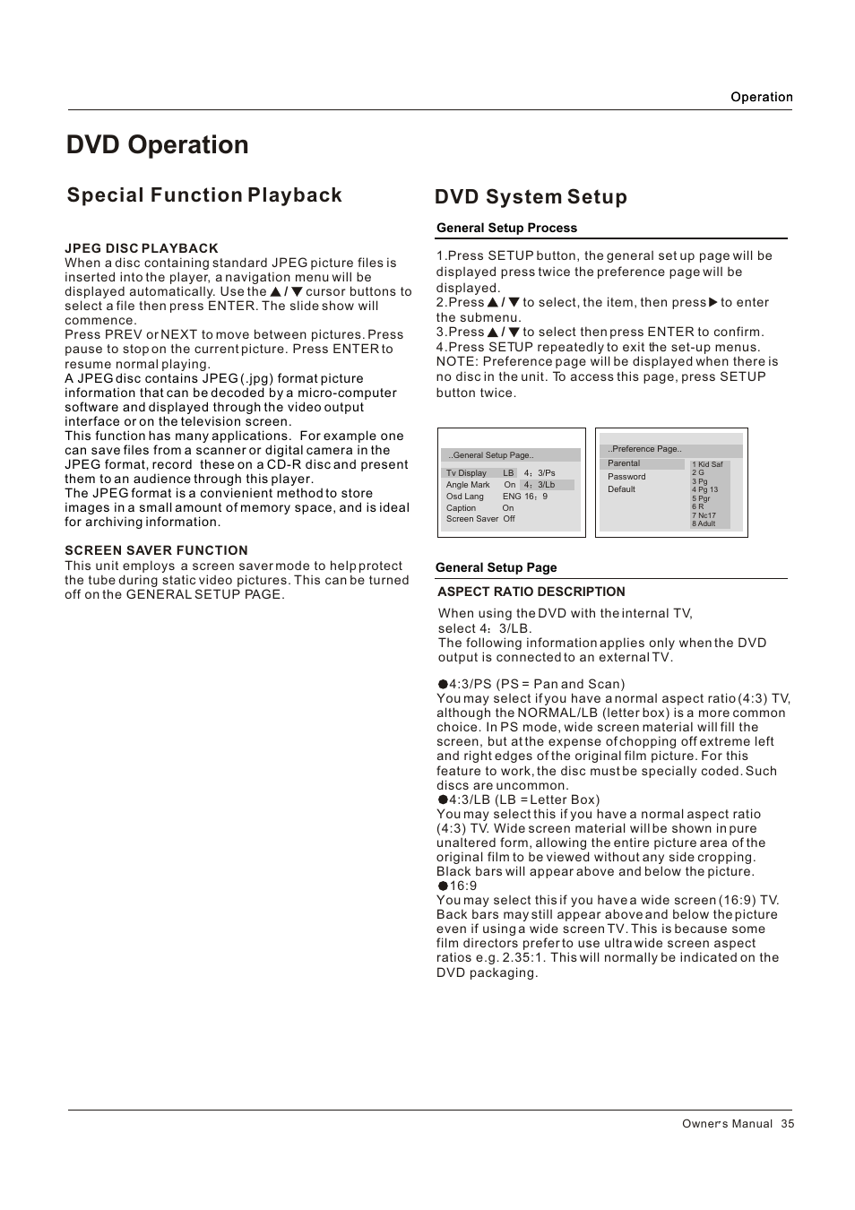 Dvd operation, Special function playback, Dvd system setup | Hitachi HLC26R1 User Manual | Page 35 / 126