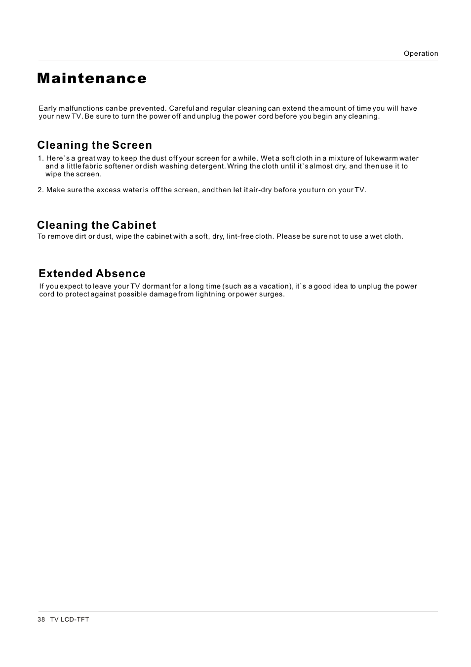 Maintenance, Cleaning the screen, Cleaning the cabinet extended absence | Hitachi HLC26R1 User Manual | Page 38 / 126