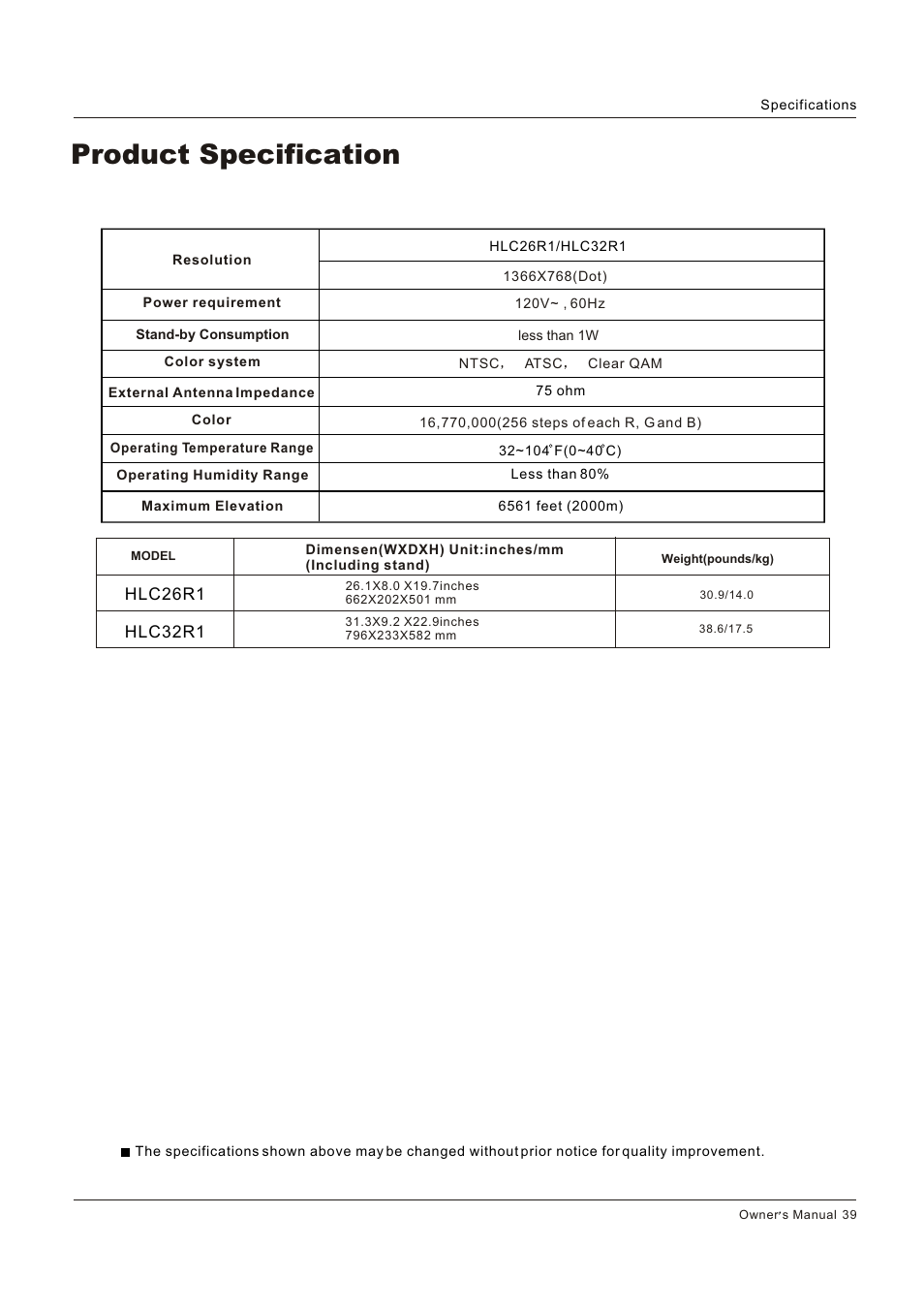 Product specification | Hitachi HLC26R1 User Manual | Page 39 / 126