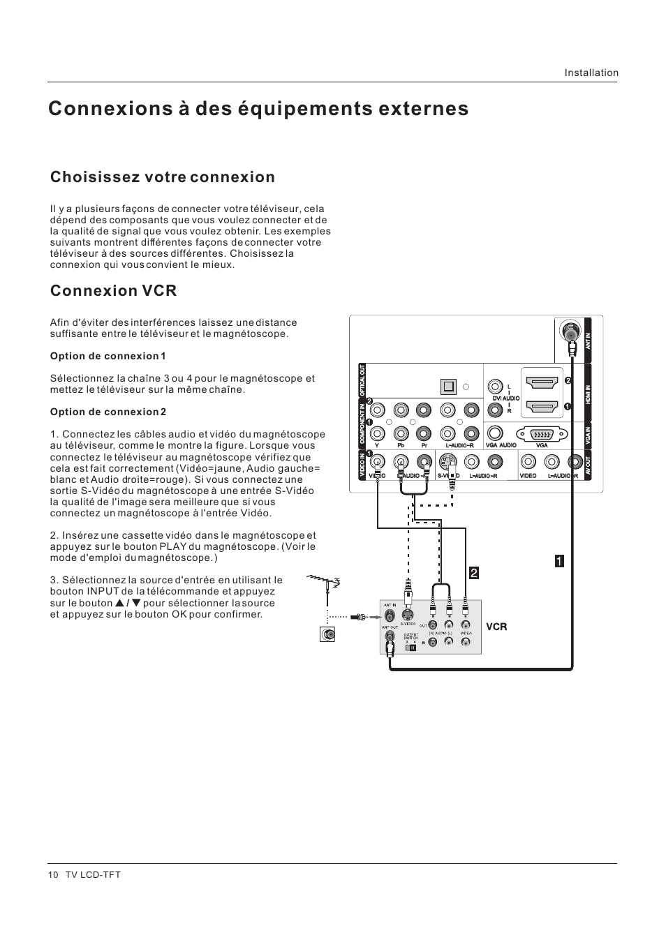 Connexions à des équipements externes, Choisissez votre connexion, Connexion | Installation, 10 tv lcd-tft | Hitachi HLC26R1 User Manual | Page 52 / 126