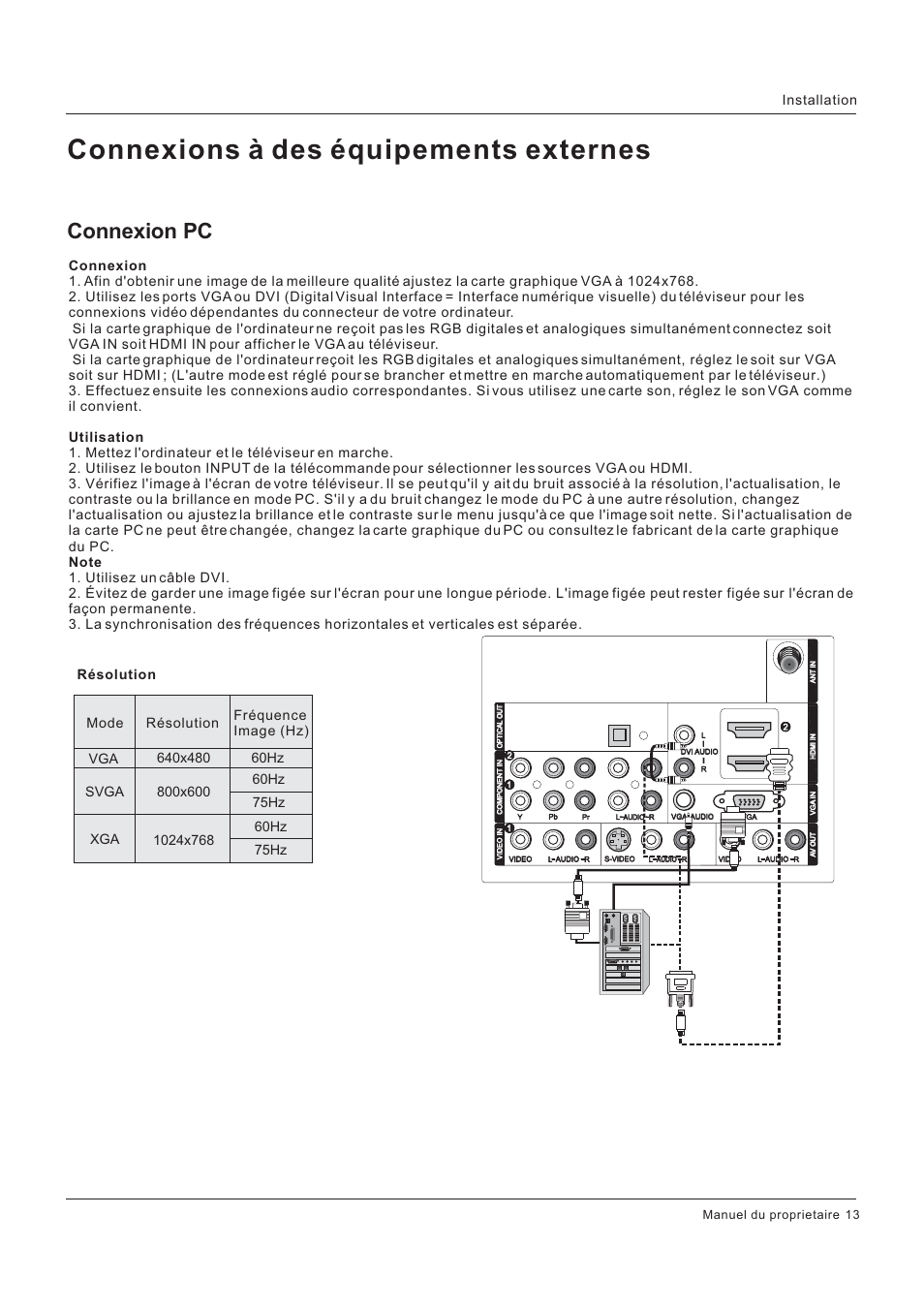 Connexions à des équipements externes, Connexion pc, 75hz | Résolution, Résolution fréquence image (hz) | Hitachi HLC26R1 User Manual | Page 55 / 126