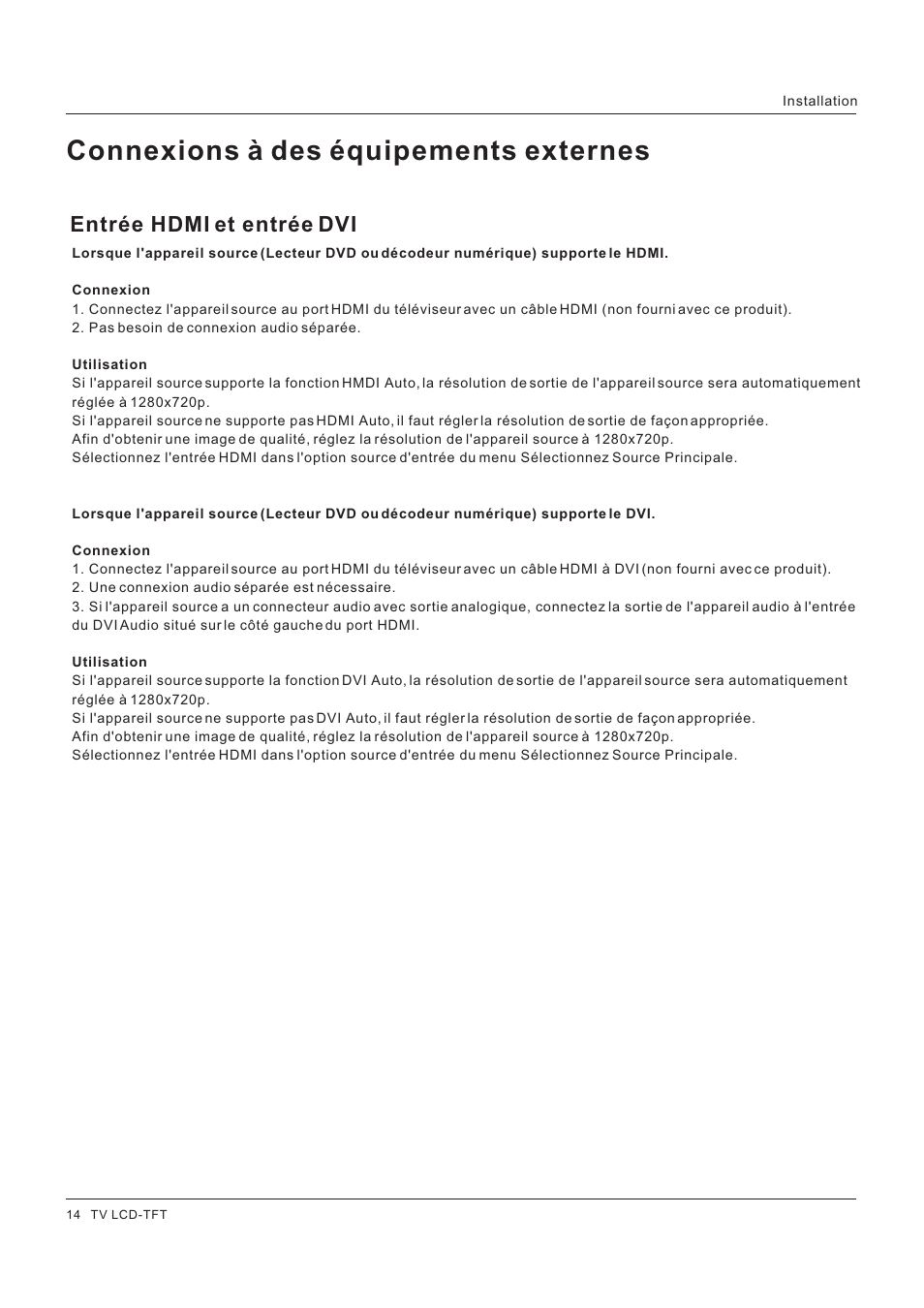 Connexions à des équipements externes, Entrée hdmi et entrée dvi | Hitachi HLC26R1 User Manual | Page 56 / 126