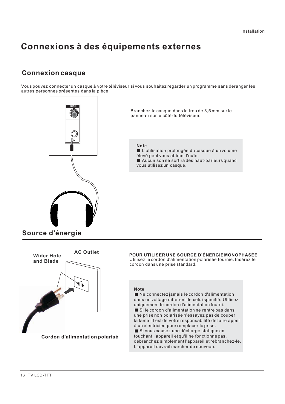 Connexions à des équipements externes, Connexion casque, Source d'énergie | Hitachi HLC26R1 User Manual | Page 58 / 126