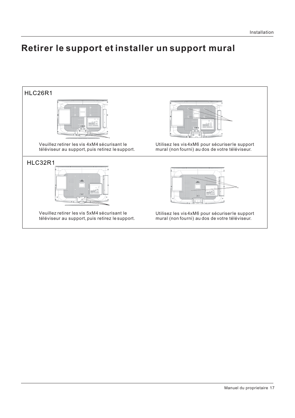 Retirer le support et installer un support mural | Hitachi HLC26R1 User Manual | Page 59 / 126