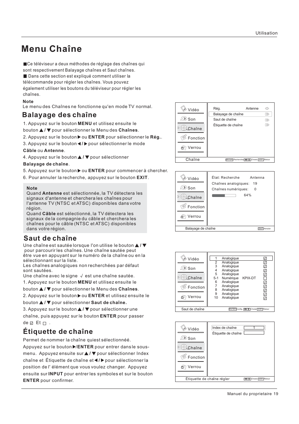 Menu chaîne, Balayage des chaîne saut de chaîne, Étiquette de chaîne | Hitachi HLC26R1 User Manual | Page 61 / 126