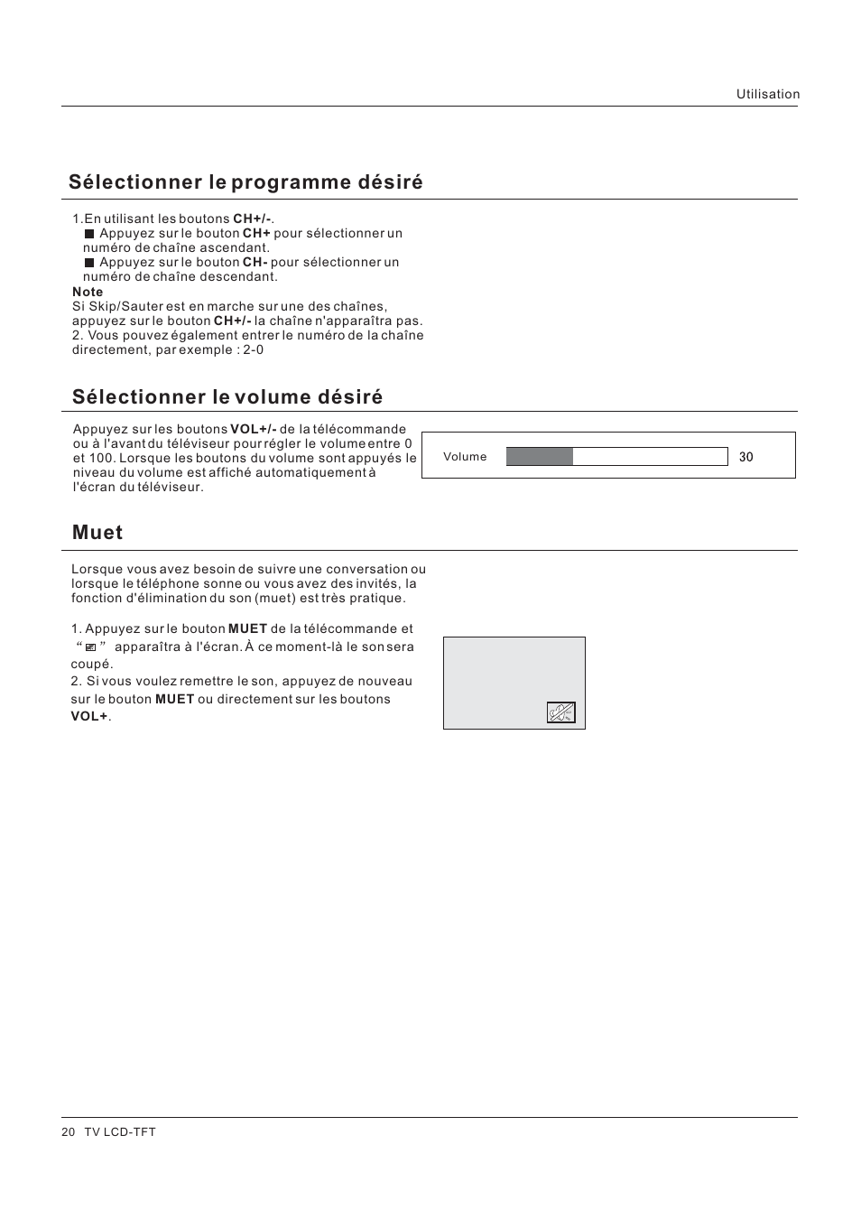 Sélectionner le volume désiré, Muet, Sélectionner le programme désiré | Hitachi HLC26R1 User Manual | Page 62 / 126