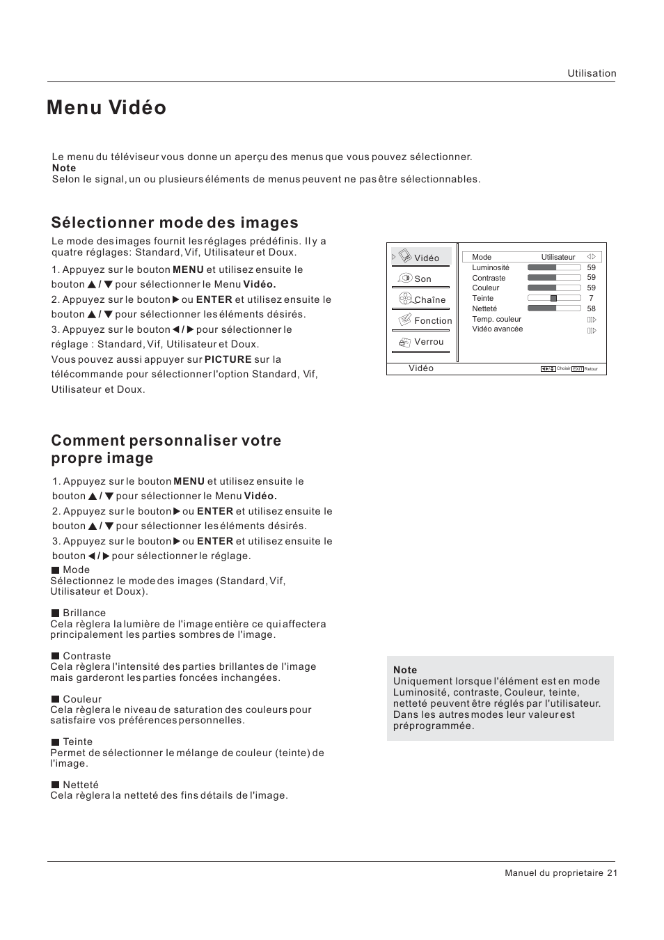 Menu vidéo, Comment personnaliser votre propre image, Sélectionner mode des images | Hitachi HLC26R1 User Manual | Page 63 / 126