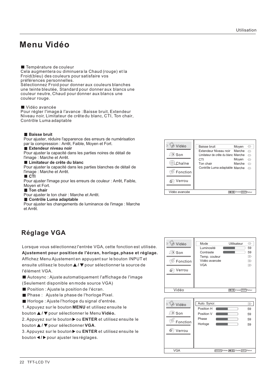 Menu vidéo, Réglage vga | Hitachi HLC26R1 User Manual | Page 64 / 126