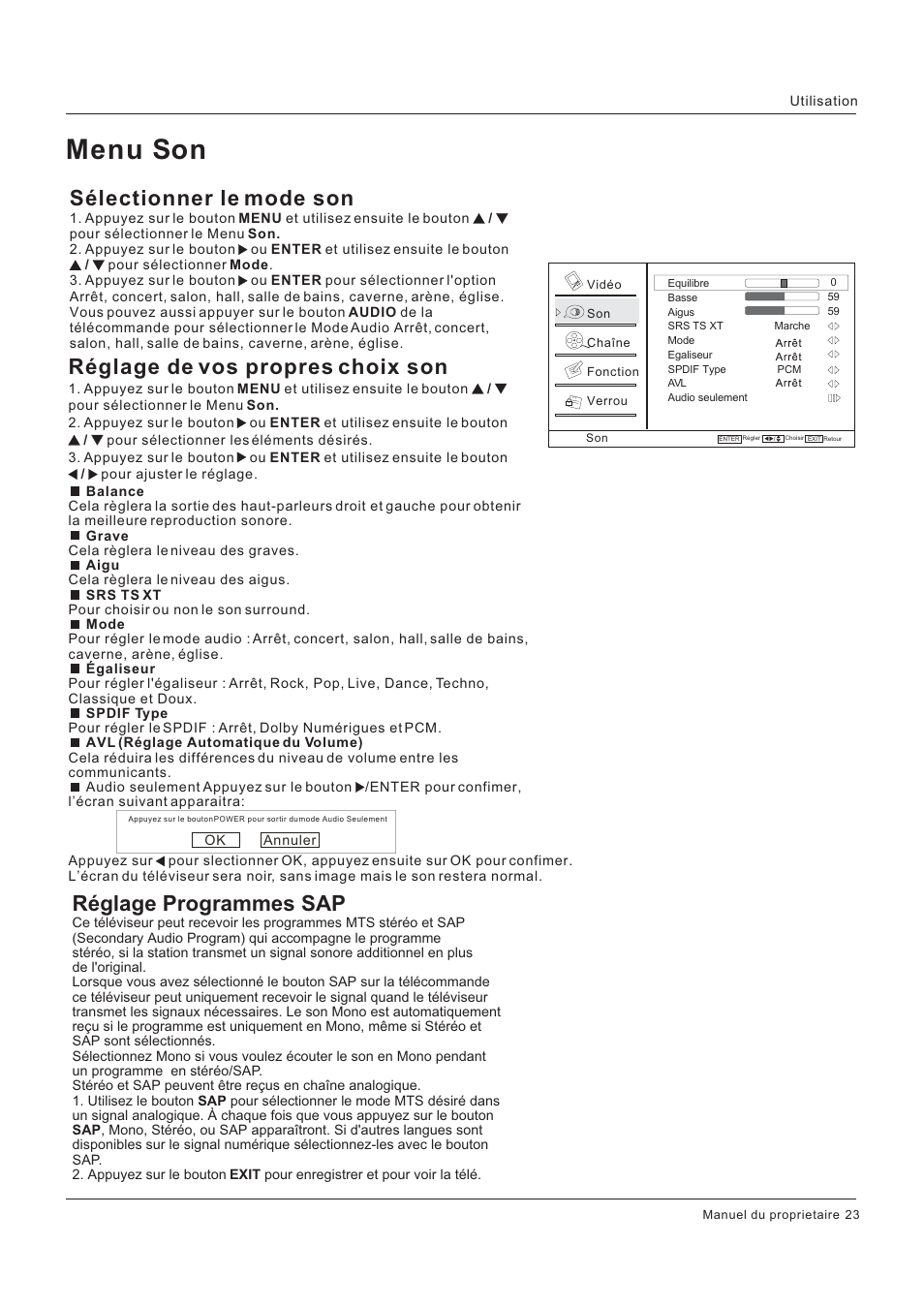 On menu s, Réglage programmes sap, Sélectionner le mode son | Réglage de vos propres choix son | Hitachi HLC26R1 User Manual | Page 65 / 126