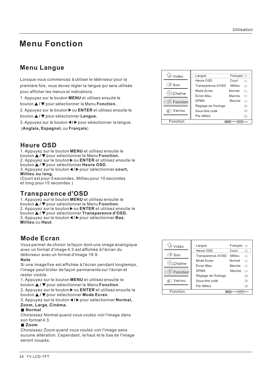 Menu fonction, Heure osd, Transparence osd | Mode ecran, Menu langue | Hitachi HLC26R1 User Manual | Page 66 / 126