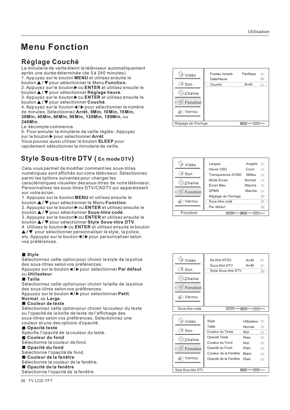 Menu fonction, Style sous-titre dtv, Réglage couché | Hitachi HLC26R1 User Manual | Page 68 / 126