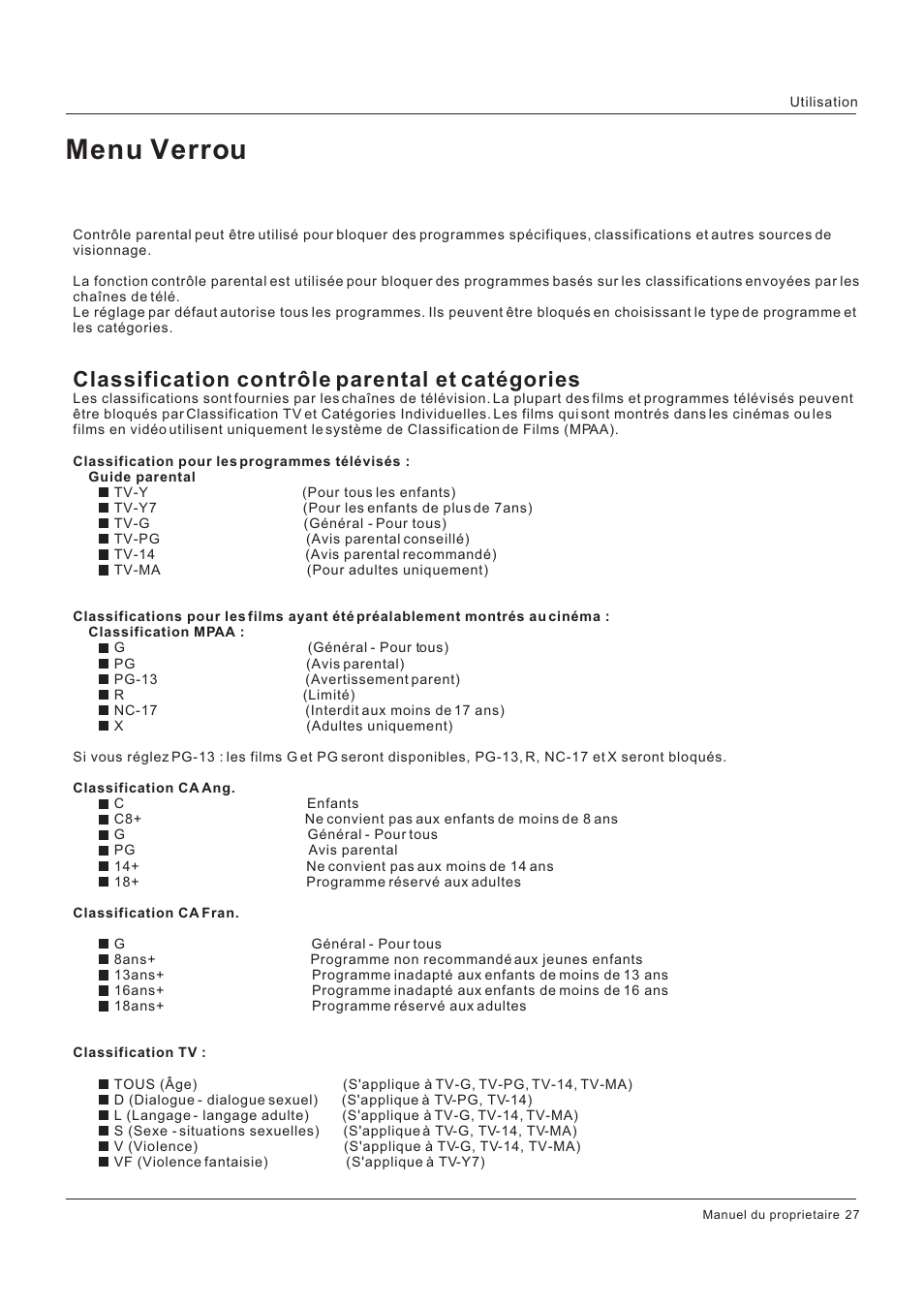 Menu verrou, Classification contrôle parental et catégories | Hitachi HLC26R1 User Manual | Page 69 / 126
