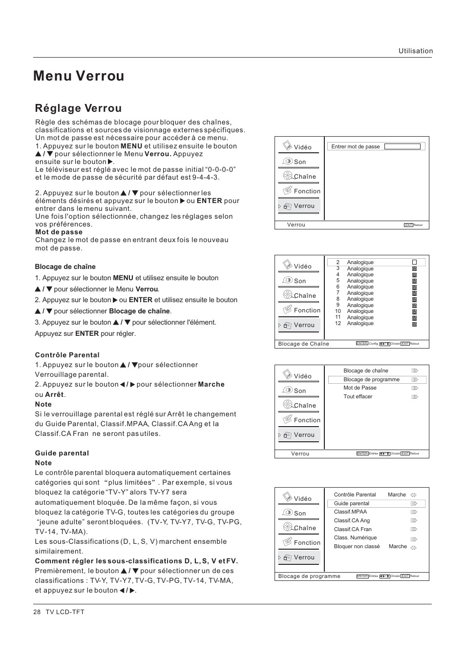 Menu verrou, Réglage verrou | Hitachi HLC26R1 User Manual | Page 70 / 126