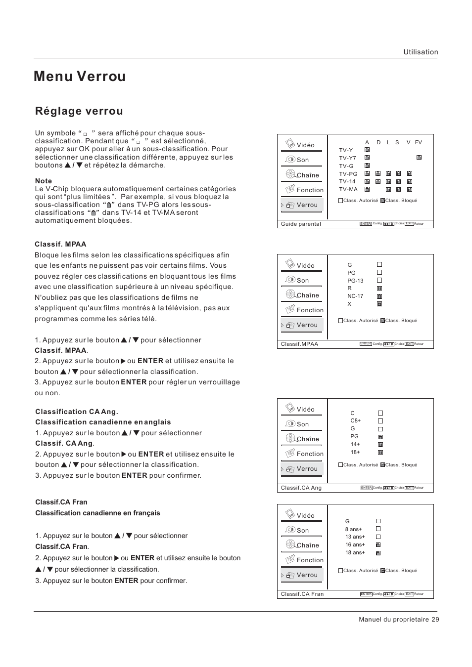 Menu verrou, Réglage verrou | Hitachi HLC26R1 User Manual | Page 71 / 126