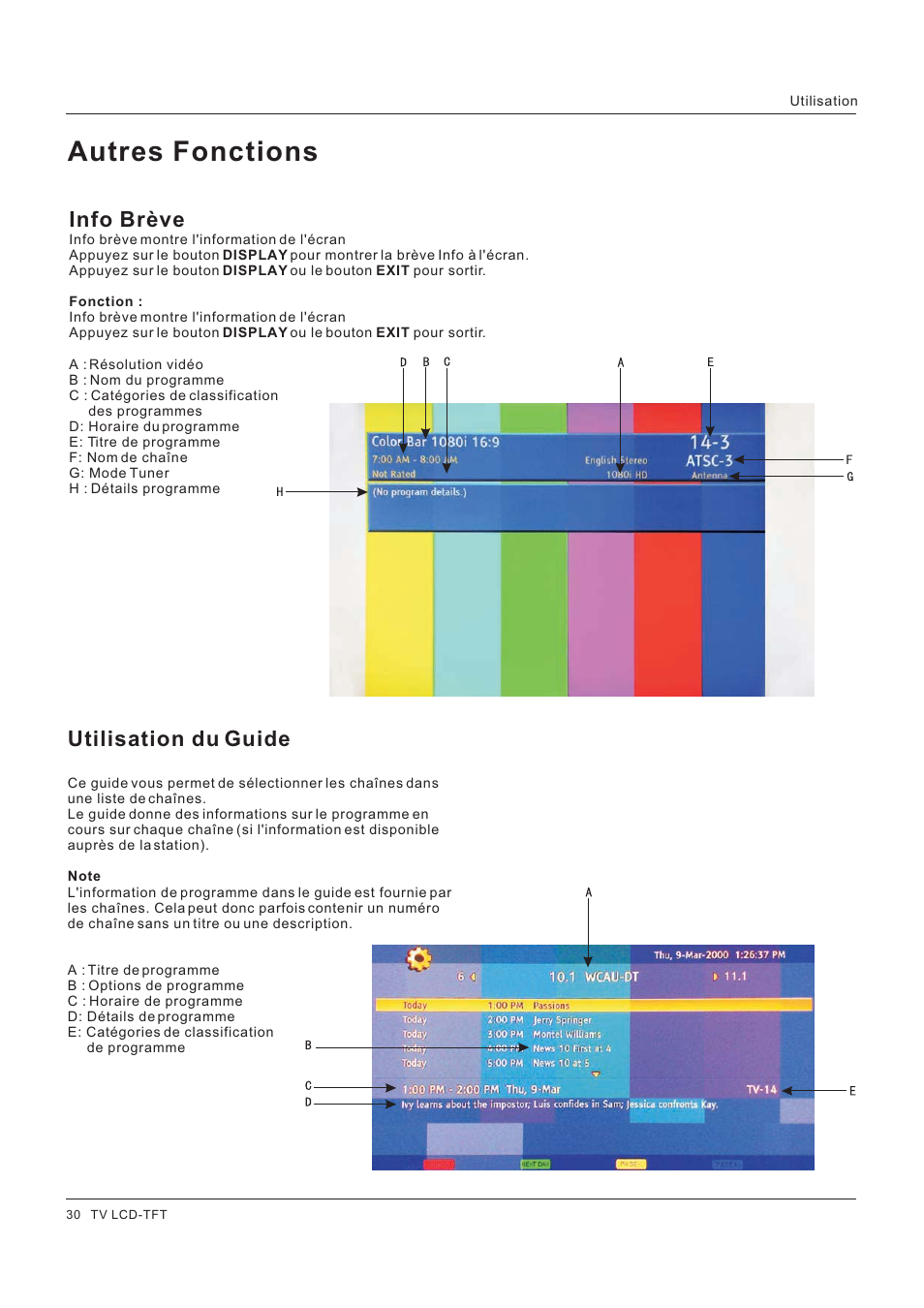 Autres fonctions, Info brève, Utilisation du guide | Hitachi HLC26R1 User Manual | Page 72 / 126