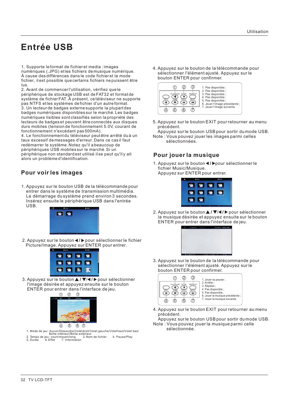 Entrée usb, Pour voir les images, Pour jouer la musique | Hitachi HLC26R1 User Manual | Page 74 / 126