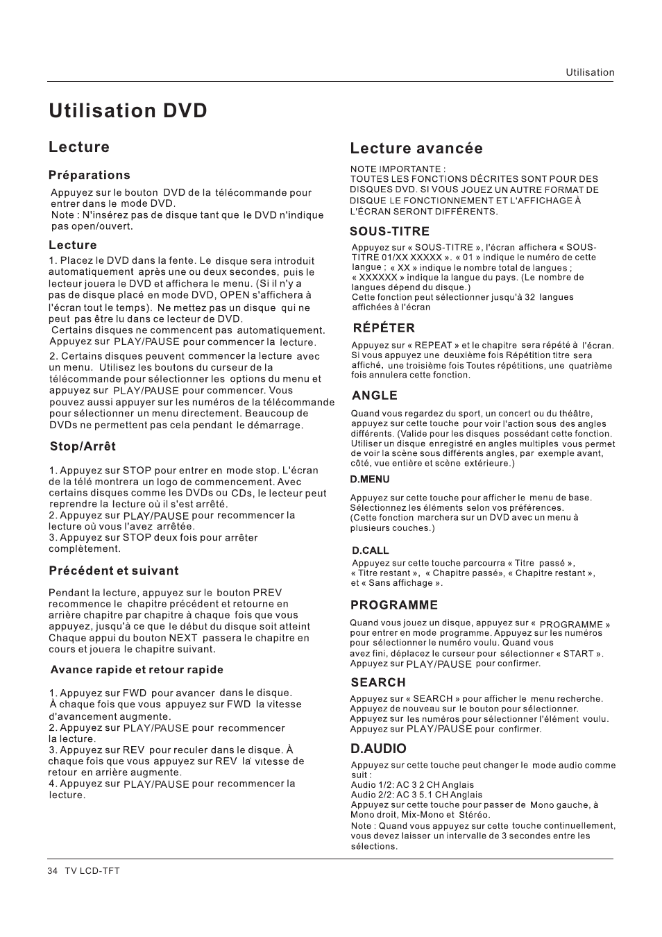 Utilisation dvd, Lecture lecture avancée | Hitachi HLC26R1 User Manual | Page 76 / 126