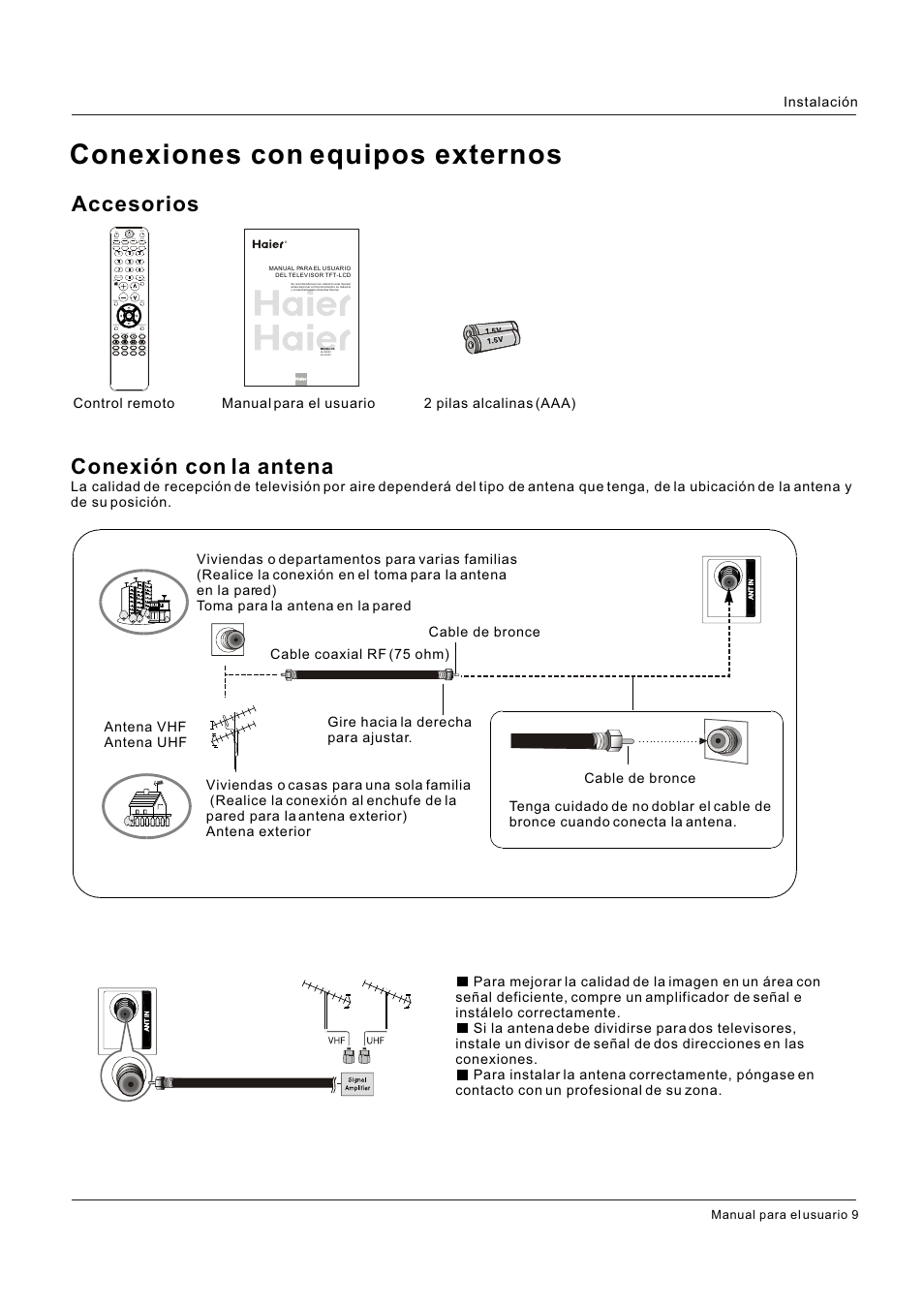 Conexiones con equipos externos, Accesorios conexión con la antena | Hitachi HLC26R1 User Manual | Page 93 / 126