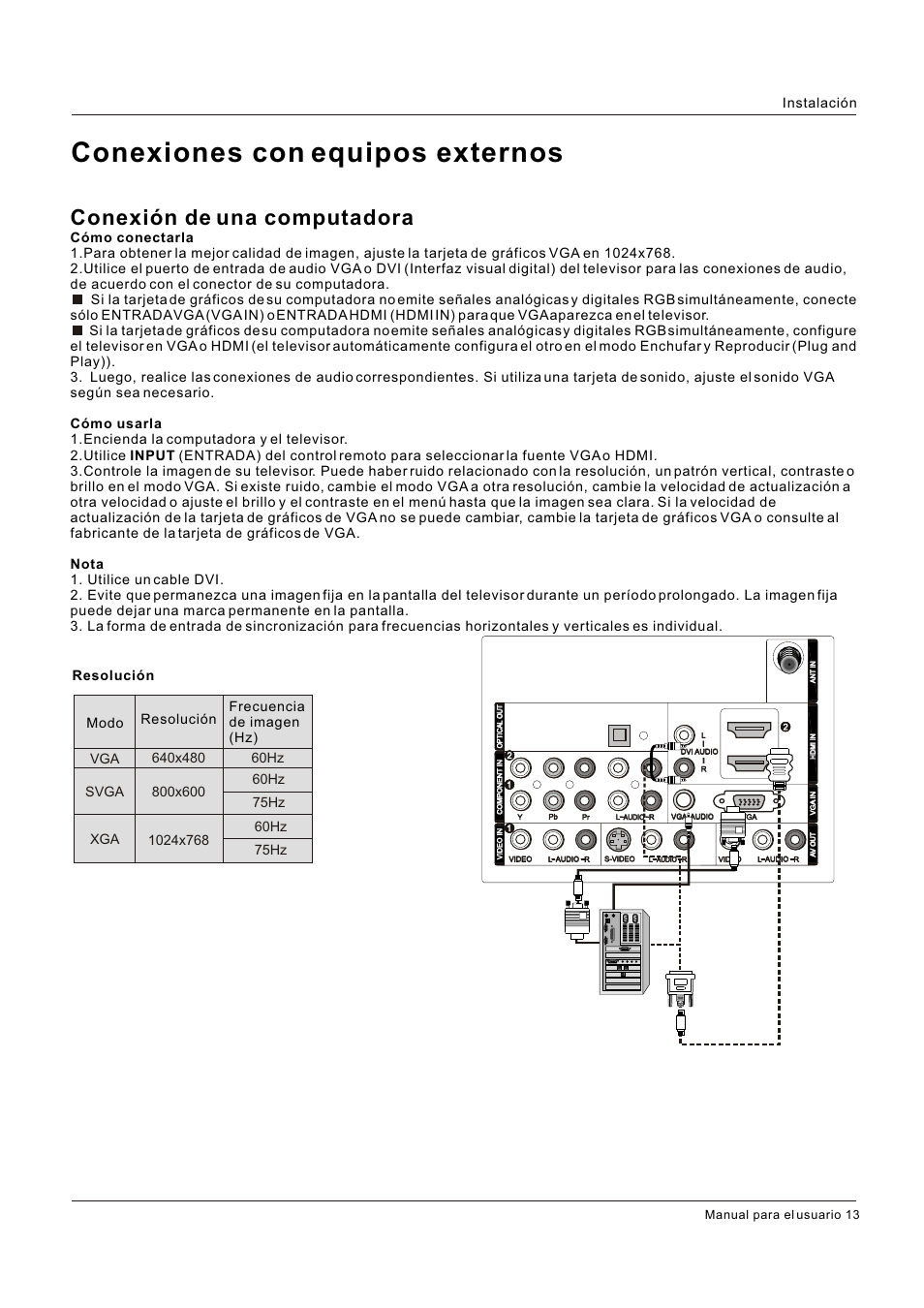 Conexiones con equipos externos, Conexión de una computadora, Instalación | Hitachi HLC26R1 User Manual | Page 97 / 126