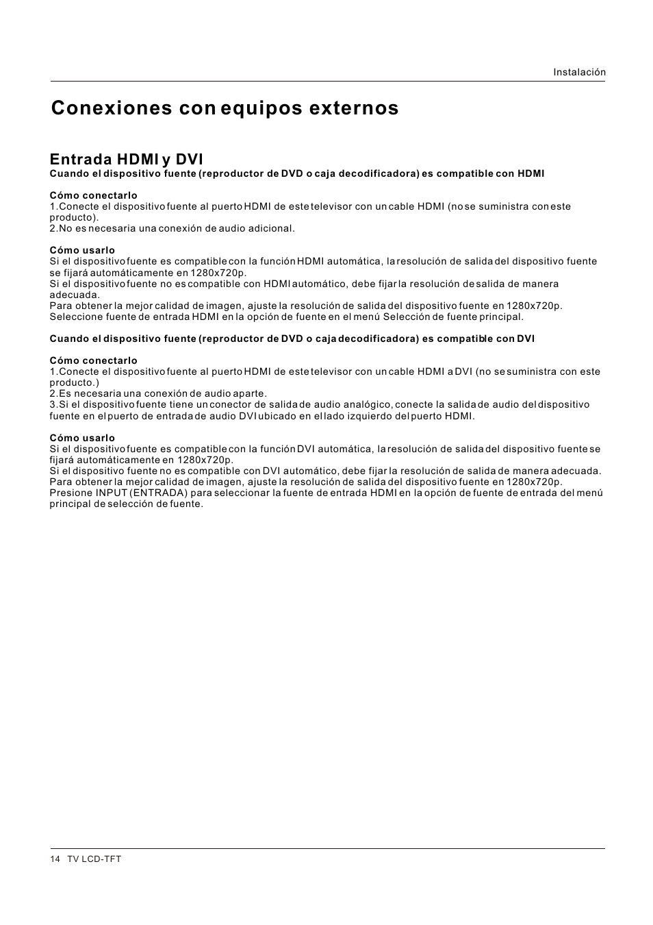 Conexiones con equipos externos, Entrada hdmi y dvi | Hitachi HLC26R1 User Manual | Page 98 / 126